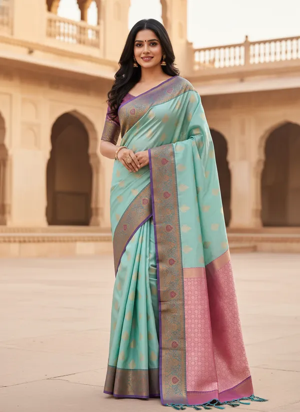 Sea_Green_Banarasi_Silk_Saree_with_Contrast_Aachal