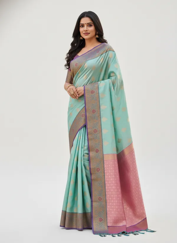 Sea_Green_Banarasi_Silk_Saree_with_Contrast_Aachal
