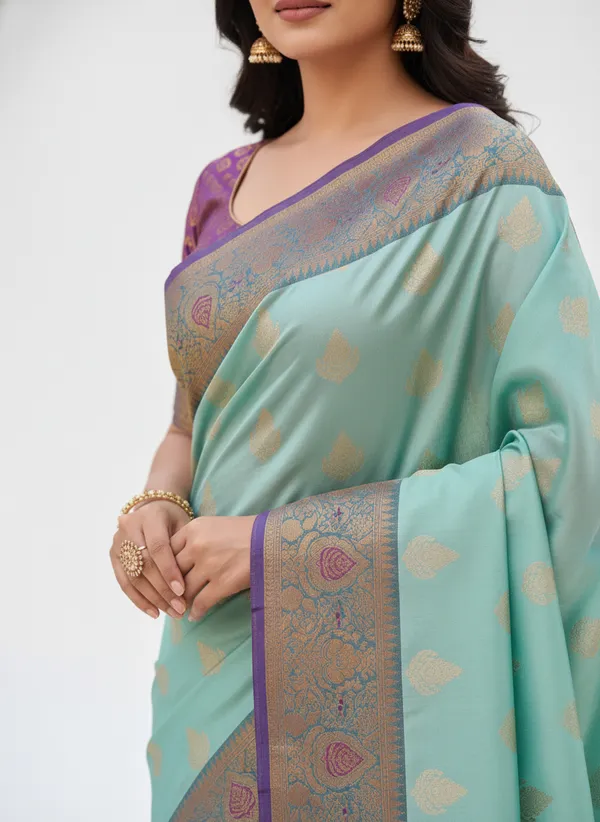 Sea_Green_Banarasi_Silk_Saree_with_Contrast_Aachal