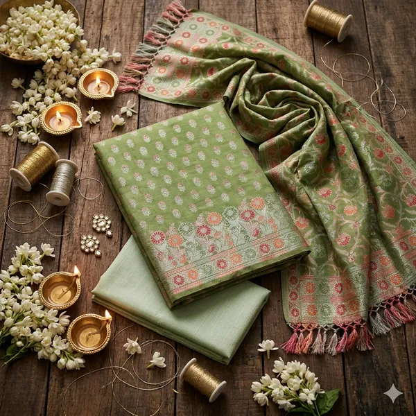 Green_Unstitched_Suit_Fabric_|_Cotton_Silk_Dress_Material_with_Thread_Weaving