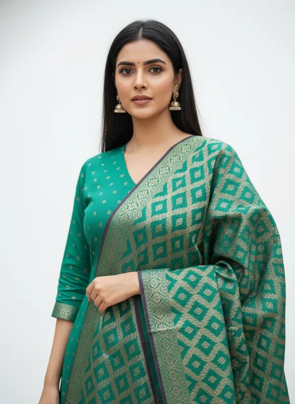 Bottle_Green_Banarasi_Cotton_Silk_Unstitched_Suit_With_Dupatta_For_Women