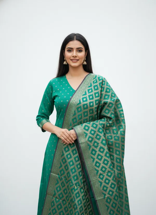 Bottle_Green_Banarasi_Cotton_Silk_Unstitched_Suit_With_Dupatta_For_Women