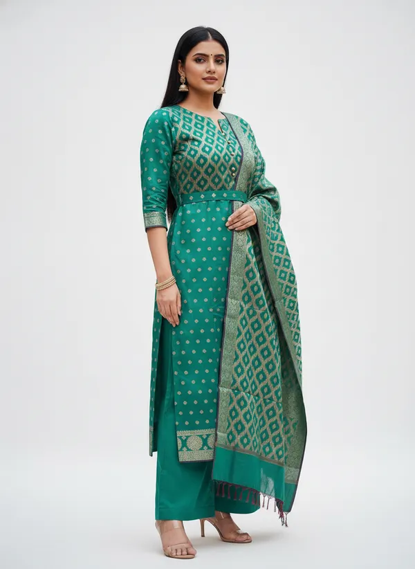 Bottle_Green_Banarasi_Cotton_Silk_Unstitched_Suit_With_Dupatta_For_Women