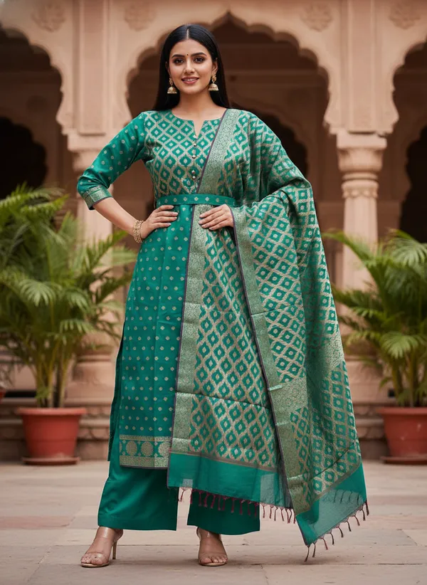 Bottle_Green_Banarasi_Cotton_Silk_Unstitched_Suit_With_Dupatta_For_Women