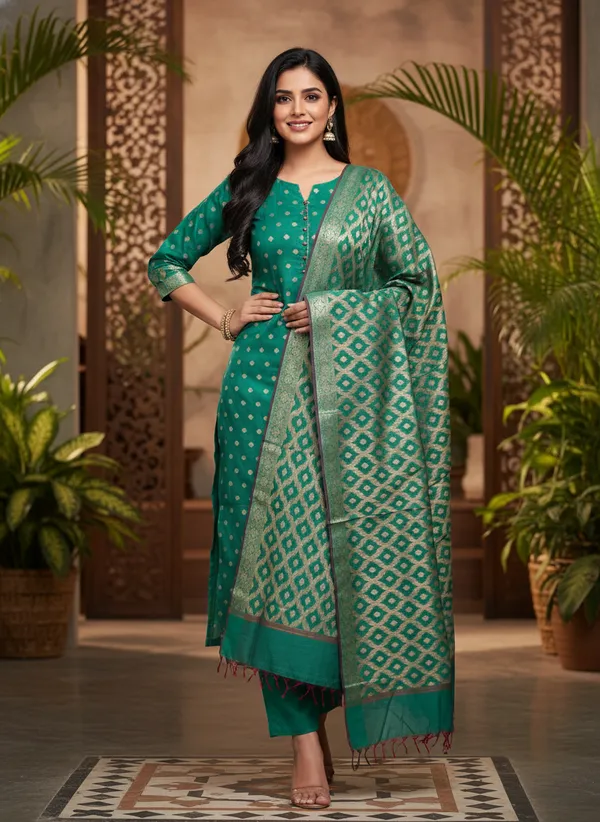 Bottle_Green_Banarasi_Cotton_Silk_Unstitched_Suit_With_Dupatta_For_Women
