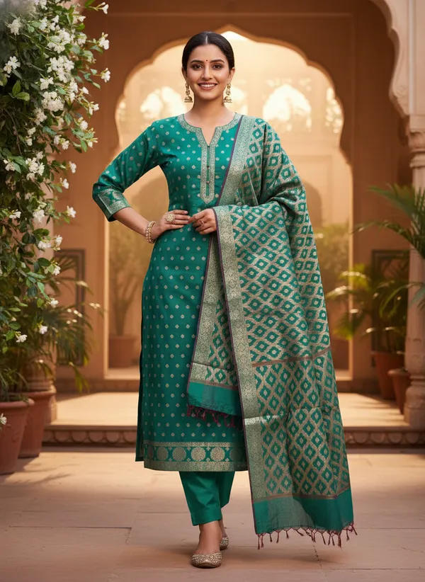 Bottle_Green_Banarasi_Cotton_Silk_Unstitched_Suit_With_Dupatta_For_Women