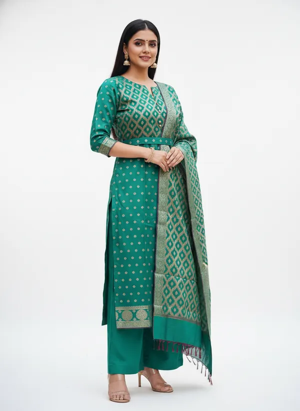 Bottle_Green_Banarasi_Cotton_Silk_Unstitched_Suit_With_Dupatta_For_Women