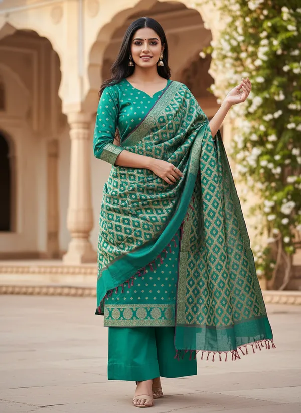 Bottle_Green_Banarasi_Cotton_Silk_Unstitched_Suit_With_Dupatta_For_Women