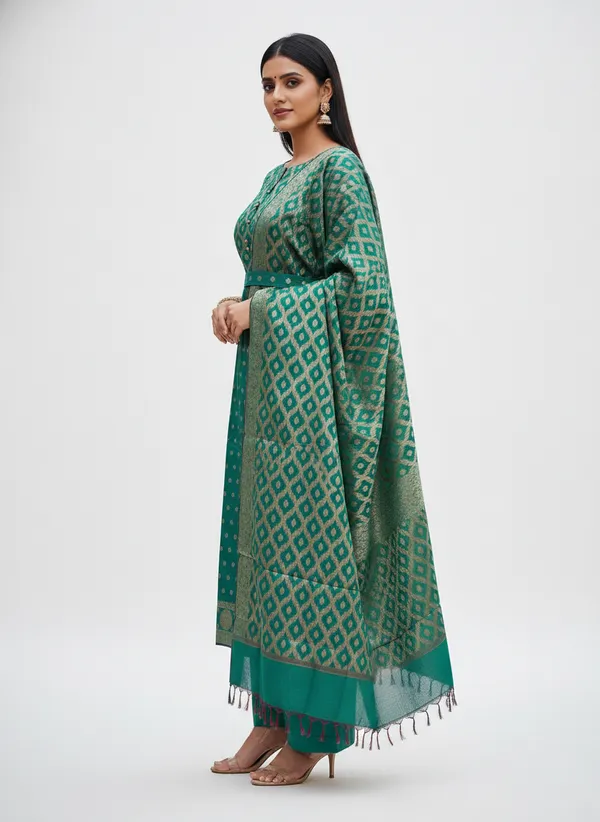 Bottle_Green_Banarasi_Cotton_Silk_Unstitched_Suit_With_Dupatta_For_Women