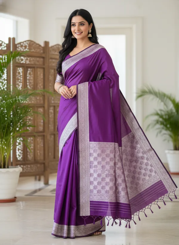 Purple_Banarasi_Plain_Border_Silk_Saree_with_Heavy_Aachal