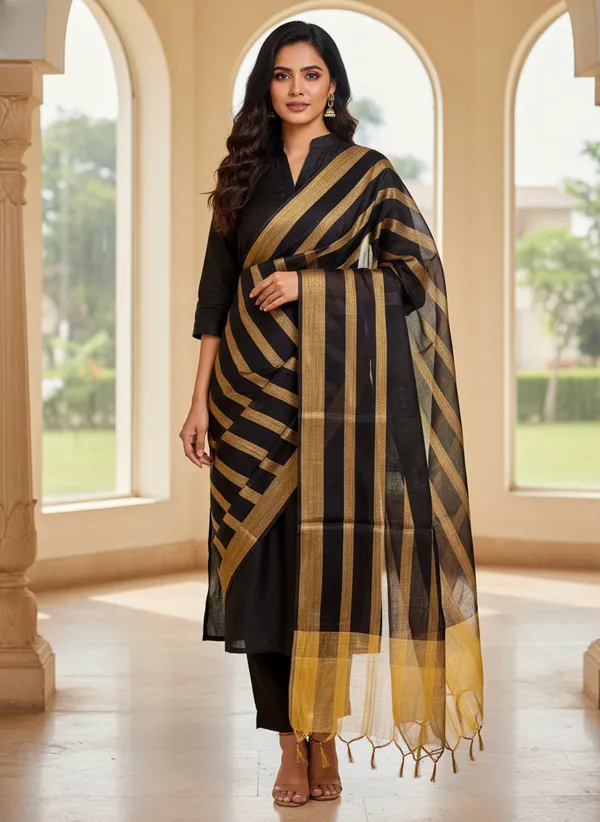 Black_Banarasi_Stripe_Dupatta_For_Women