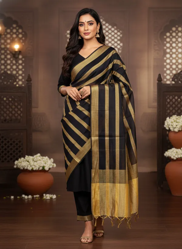 Black_Banarasi_Stripe_Dupatta_For_Women