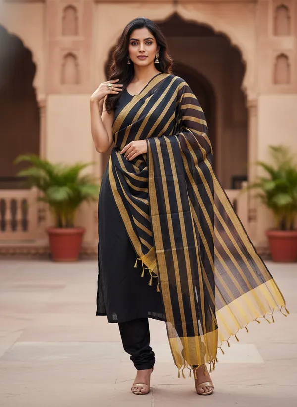 Black_Banarasi_Stripe_Dupatta_For_Women