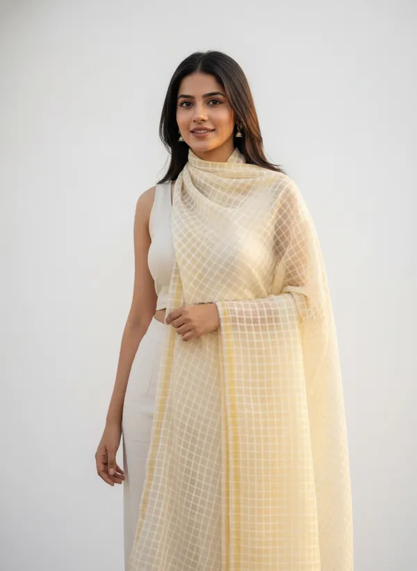 Cream_Banarasi_Bada_Check_/_Self-Color_Checkered_Dupatta_For_Women