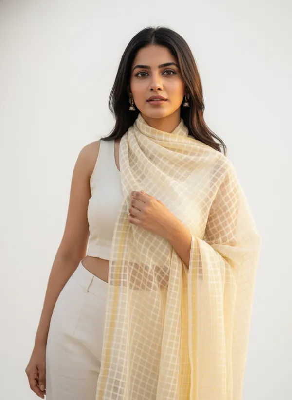 Cream_Banarasi_Bada_Check_/_Self-Color_Checkered_Dupatta_For_Women