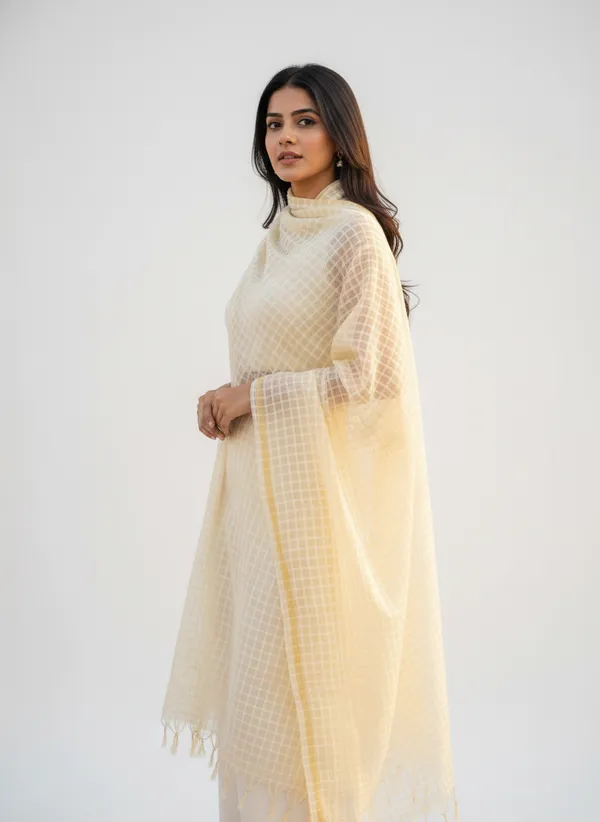 Cream_Banarasi_Bada_Check_/_Self-Color_Checkered_Dupatta_For_Women