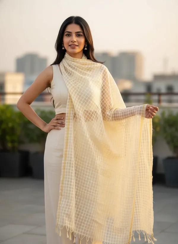 Cream_Banarasi_Bada_Check_/_Self-Color_Checkered_Dupatta_For_Women