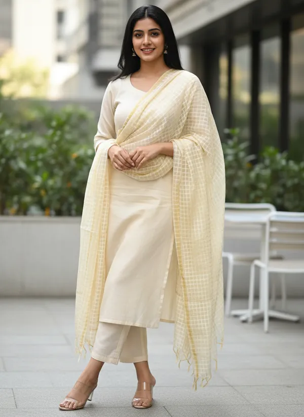 Cream_Banarasi_Bada_Check_/_Self-Color_Checkered_Dupatta_For_Women