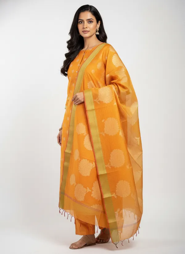 Mustard_Yellow_Banarasi_Women's_Unstitched_Suit_Material_With_Dupatta_For_Women