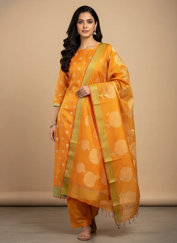 Mustard_Yellow_Banarasi_Women's_Unstitched_Suit_Material_With_Dupatta_For_Women