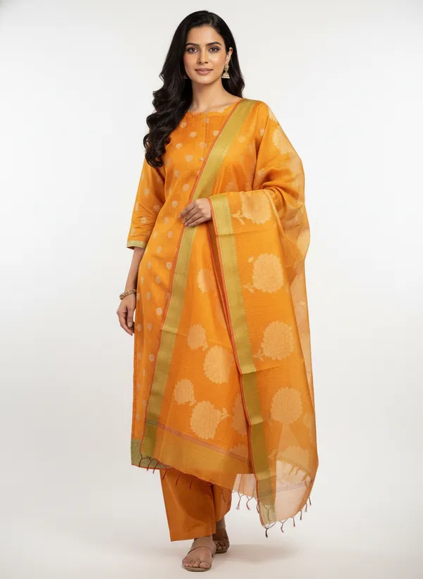 Mustard_Yellow_Banarasi_Women's_Unstitched_Suit_Material_With_Dupatta_For_Women