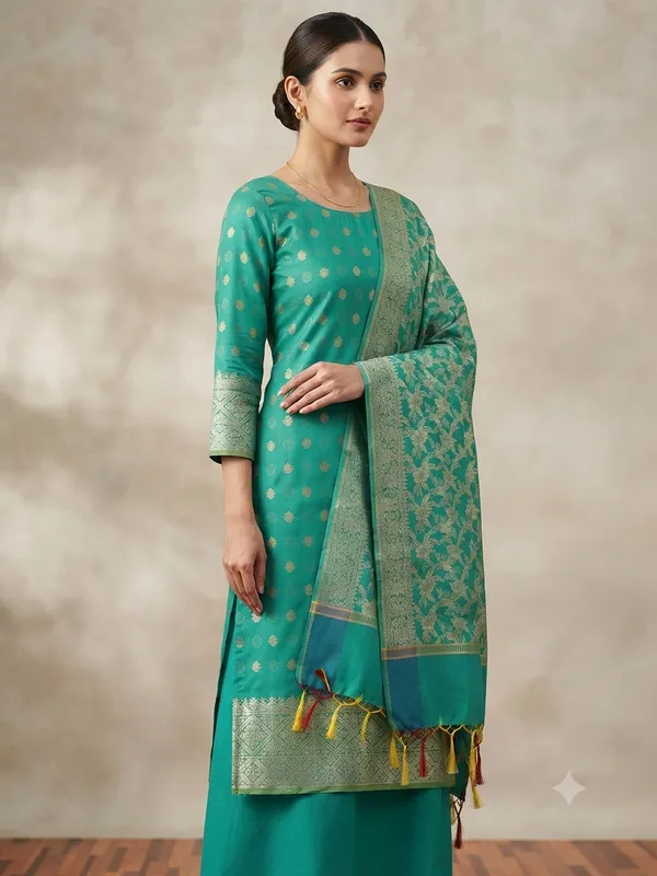 Green_Banarasi_Cotton_Silk_Unstitched_Suit_Fabric_With_Dupatta_For_Women