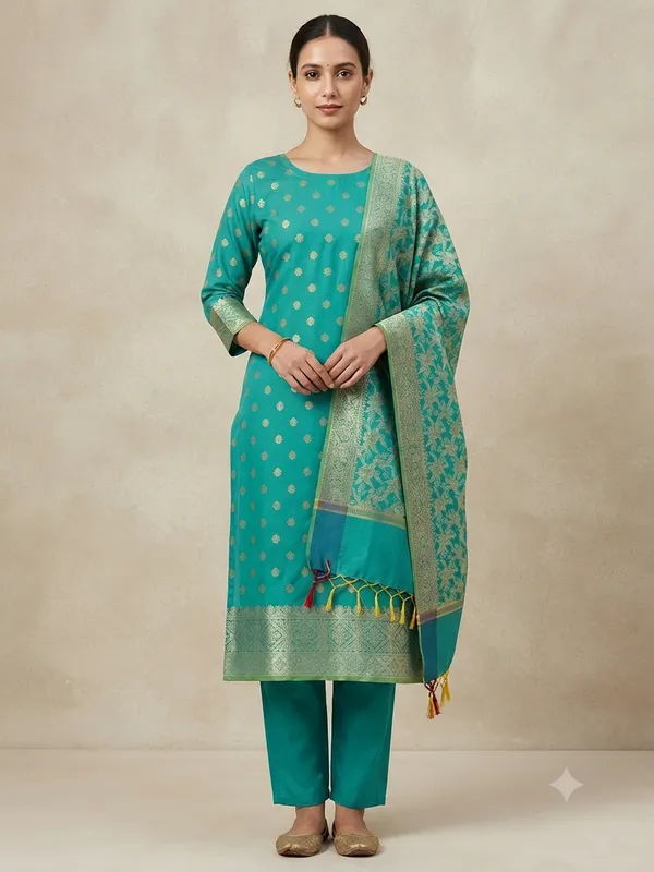 Green_Banarasi_Cotton_Silk_Unstitched_Suit_Fabric_With_Dupatta_For_Women