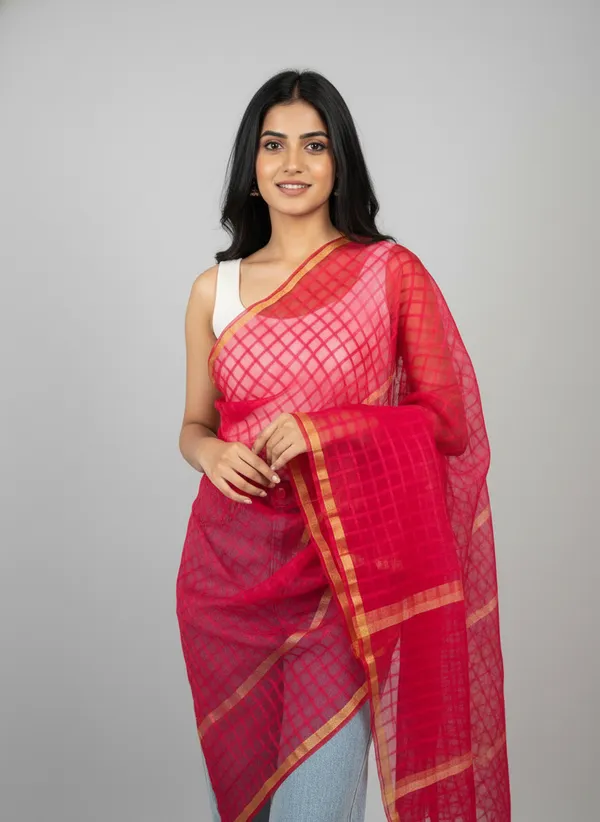 Red_Banarasi_Bada_Check_/_Self-Color_Checkered_Dupatta_For_Women