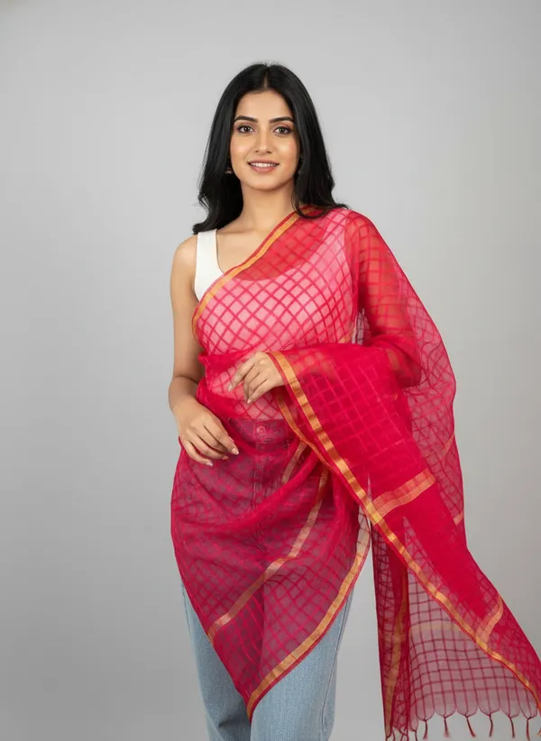Red_Banarasi_Bada_Check_/_Self-Color_Checkered_Dupatta_For_Women