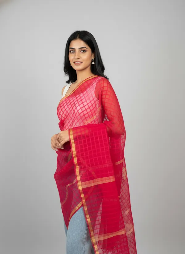 Red_Banarasi_Bada_Check_/_Self-Color_Checkered_Dupatta_For_Women