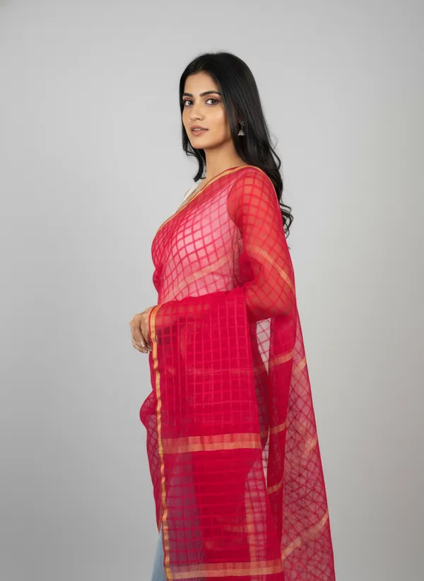 Red_Banarasi_Bada_Check_/_Self-Color_Checkered_Dupatta_For_Women