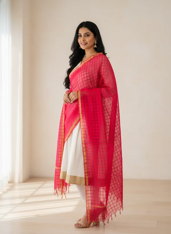 Red_Banarasi_Bada_Check_/_Self-Color_Checkered_Dupatta_For_Women
