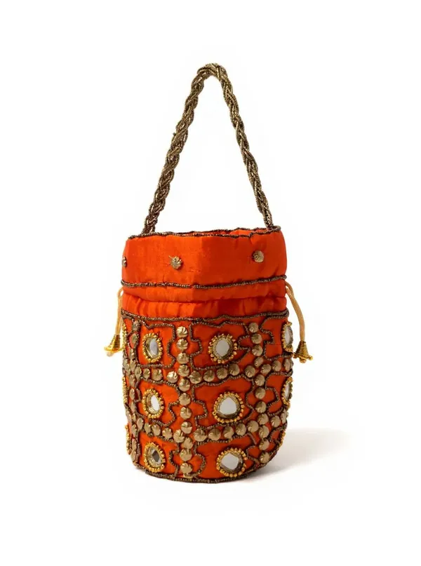 Orange_Colour_Handcrafted_Banarasi_Brocade_Potli_Bag_with_Drawstring_Closure