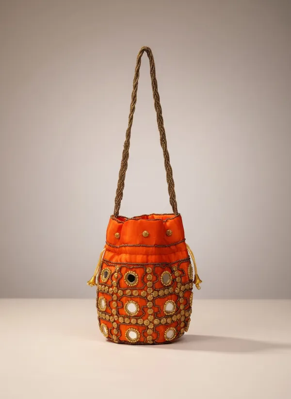 Orange_Colour_Handcrafted_Banarasi_Brocade_Potli_Bag_with_Drawstring_Closure