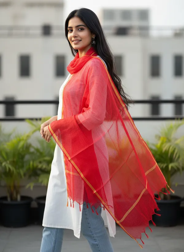 Red_Banarasi_Moonga_Check_Dupatta_For_Women