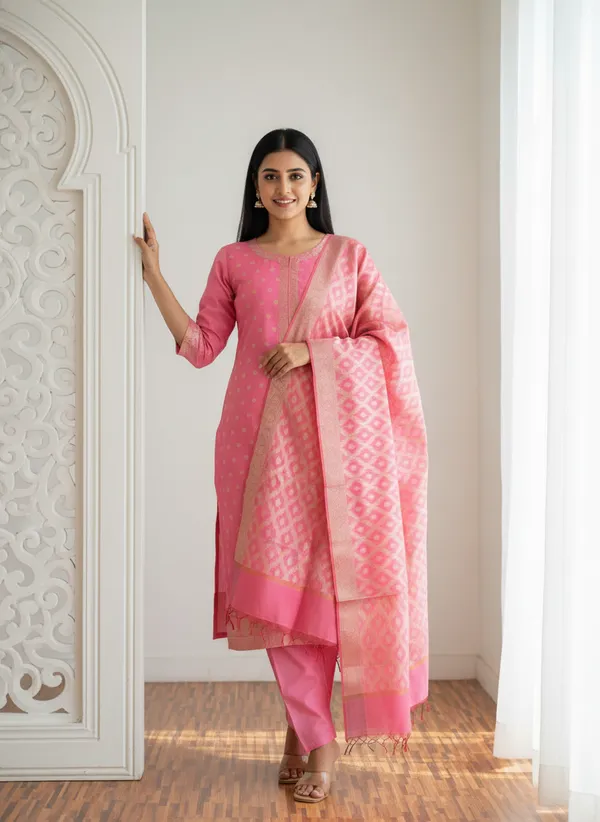 Light_Pink_Banarasi_Women's_Unstitched_Suit_Material_With_Dupatta_For_Women