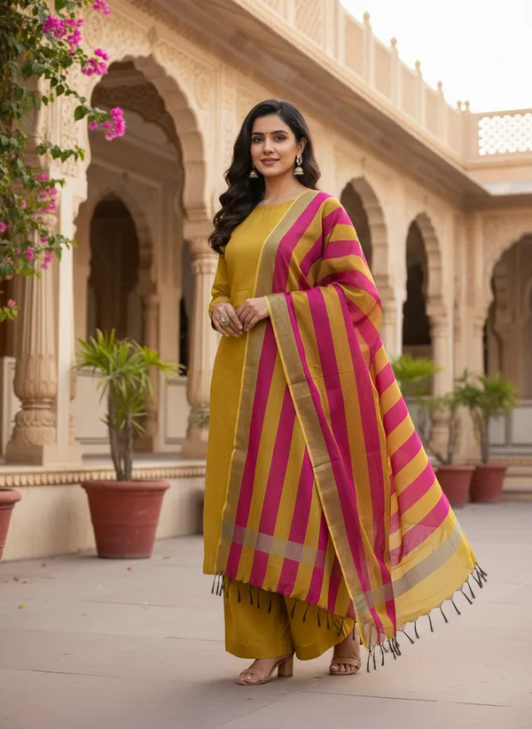 Musturd_Yellow_Banarasi_Cotton_Silk_Plain_Zari_Border_Unstitched_Suit_Set_with_Dupatta_|_Womens_Festive_Ethnic_Wear