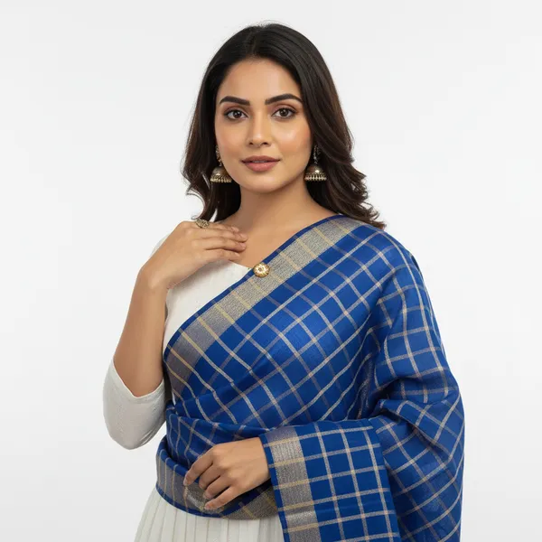 Royal_Blue_Banarasi_Thread_Work_Checkered_Dupatta_For_Women