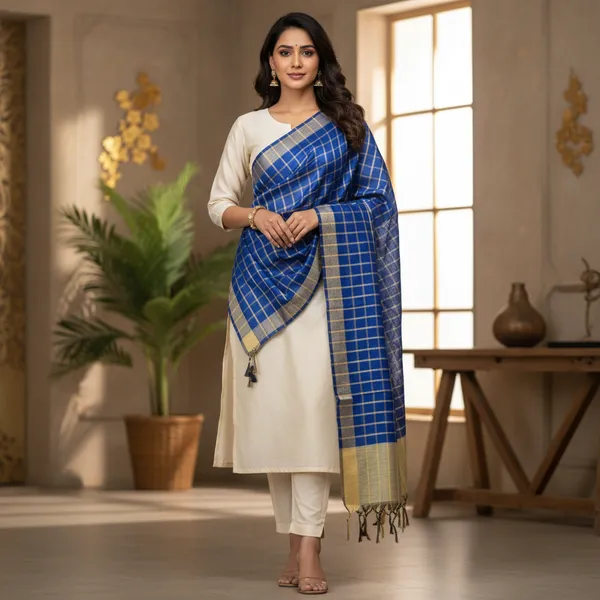 Royal_Blue_Banarasi_Thread_Work_Checkered_Dupatta_For_Women