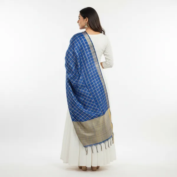 Royal_Blue_Banarasi_Thread_Work_Checkered_Dupatta_For_Women