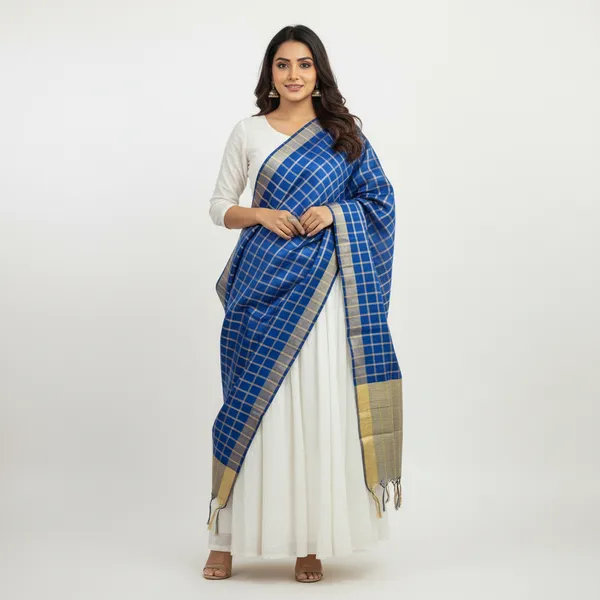 Royal_Blue_Banarasi_Thread_Work_Checkered_Dupatta_For_Women