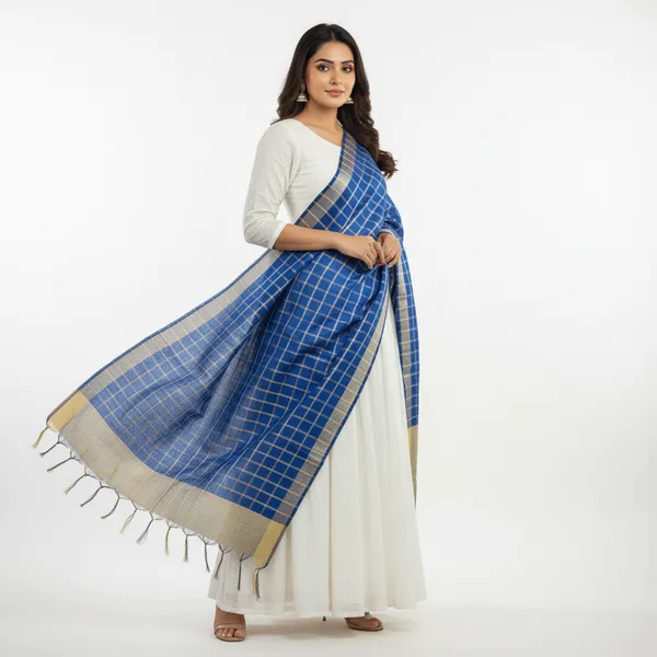 Royal_Blue_Banarasi_Thread_Work_Checkered_Dupatta_For_Women
