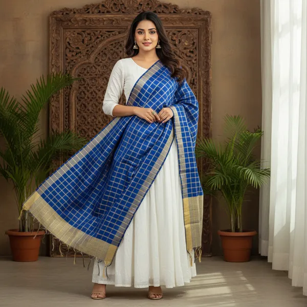 Royal_Blue_Banarasi_Thread_Work_Checkered_Dupatta_For_Women
