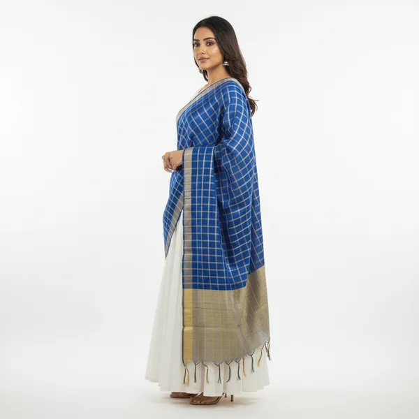 Royal_Blue_Banarasi_Thread_Work_Checkered_Dupatta_For_Women