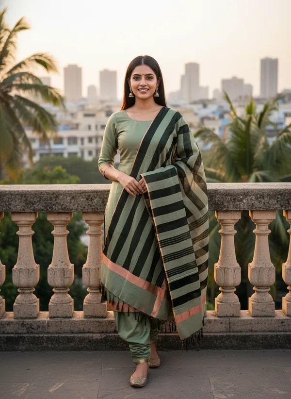Green_Banarasi_Cotton_Silk_Plain_Zari_Border_Unstitched_Suit_Set_with_Dupatta_|_Womens_Festive_Ethnic_Wear