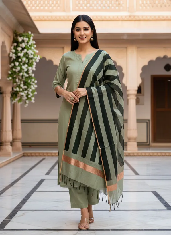 Green_Banarasi_Cotton_Silk_Plain_Zari_Border_Unstitched_Suit_Set_with_Dupatta_|_Womens_Festive_Ethnic_Wear