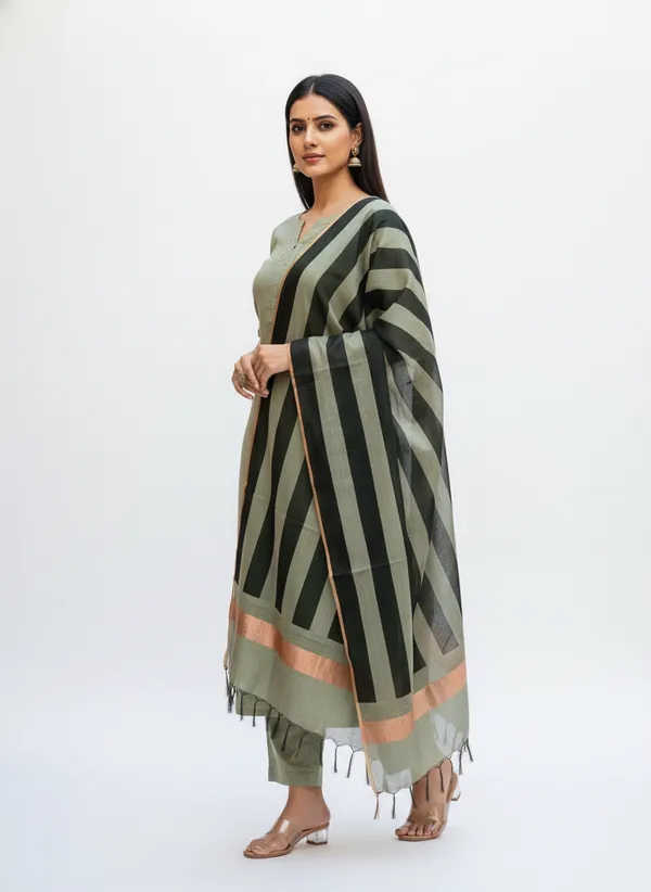 Green_Banarasi_Cotton_Silk_Plain_Zari_Border_Unstitched_Suit_Set_with_Dupatta_|_Womens_Festive_Ethnic_Wear