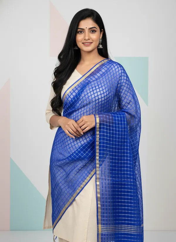 Royal_Blue_Banarasi_Bada_Check_/_Self-Color_Checkered_Dupatta_For_Women