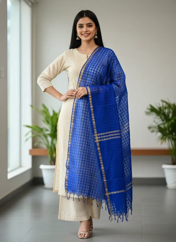 Royal_Blue_Banarasi_Bada_Check_/_Self-Color_Checkered_Dupatta_For_Women