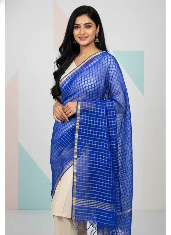 Royal_Blue_Banarasi_Bada_Check_/_Self-Color_Checkered_Dupatta_For_Women